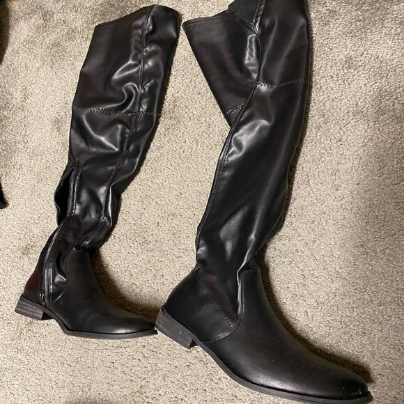 🆕Women Pu Black Over The Knee Boots Thigh High Low Block Heel Pointed Toe Boot - Picture 1 of 11